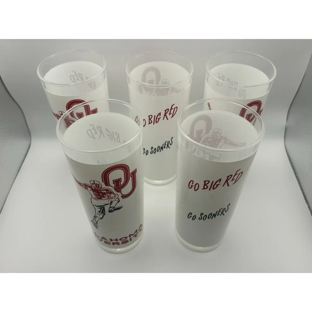 (5) Set of Vintage Oklahoma Sooners Football Cocktail‎ Tumbler Glass BIG RED